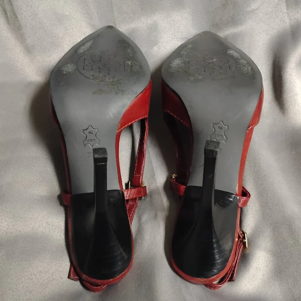 ❤️TORY BURCH Burgundy and Black All Leather Slingback Heel Shoes 7 Brazil - Picture 6 of 7